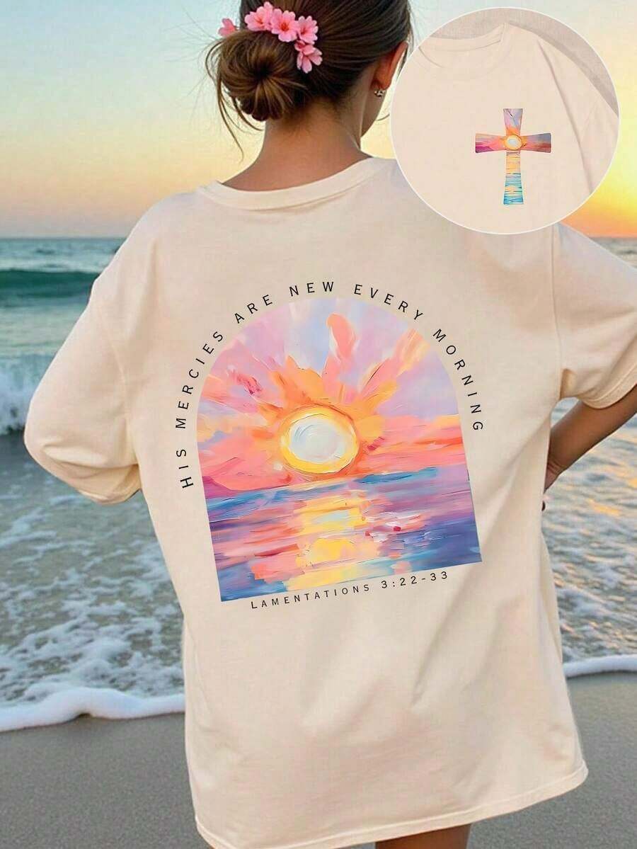 Summer Sunset Print Round Neck Short Sleeve Women T-Shirt, Vacation/Holiday Top-Vintage Street Style Unisex Loose Cotton Short Sleeve Crew Neck T-Shirtblusas para mujer. blusas.blusas casuales para dama. - Albaricoque - Ver 1