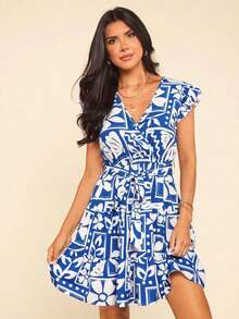 Vestido corto de verano con estampado de paisley, volantes y cinturón, estilo vacaciones, estilo bohemio, vestido mini con escote en V, estampado floral y volantes, vestido rosa con estampado de flores, vestido mini de línea A con estampado flora - Azul y blanco - Ver 5