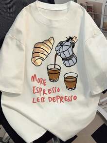1 Piece Women's Summer T-Shirt With Bread And Coffee Print, Bakery Theme, Round Neck, Casual Style, With Cartoon Bread Patterns, Machine Washable, For Casual Wear, Cafe Clothing, 180g 100% Cotton - 白色 - 查看 8