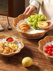 1 khay đan chân cao, đĩa bày đồ ăn nhẹ tráng miệng, giỏ đựng trái cây cho bộ ấm trà, giỏ đựng bánh mì nhỏ cho phòng khách, đĩa đựng trái cây khô. - Xem 3