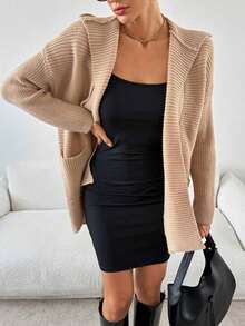Suéter con capucha mullido de mujer, cardigan largo de esenciales de otoño/invierno, suéter con capucha de manga larga color caqui, cardigan con capucha para mujer, informal para uso diario - Caqui - Ver 1