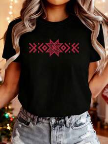 Camiseta de Mujer con Estampado de Patrón Folclórico Geométrico de Estrella Guardián Eslava Roja, Cuello Redondo y Manga Corta para Primavera y Verano, Blusa para Salir para Mujer - Negro - Ver 7