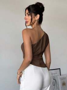 Blusa plisada elegante, romántica y de estilo sexy sin mangas, adecuada para fiestas, vacaciones y uso diario - Café integral - Ver 5