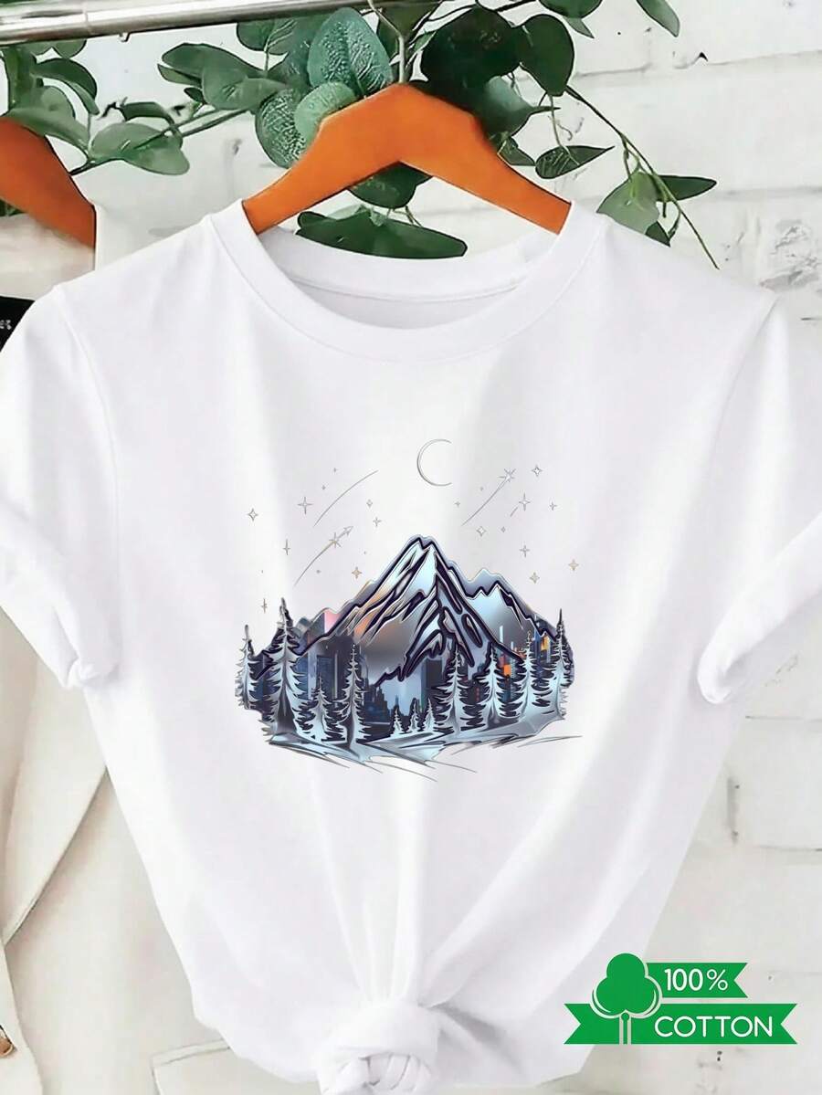Camiseta de Verano Premium para Mujer con Estampados de Letras y Anime a la Moda, Diseño de Cuello Redondo, Sencilla y Cómoda, Transpirable, Ideal para Uso Diario Casual, Muestra un Estilo Natural y Elegante, Esencial para Fiestas de Verano, Envío Local desde Snowy Mountain Pine Tree. - Blanco - Ver 1
