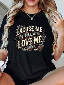 LooseTee1pcs Camiseta de Mujer con Estampado Gráfico "Excuse Me You Look Like You Love Me", 220g, Estilo Casual, Música Country, 100% Algodón, Cuello Redondo, Manga Corta, Corte Holgado. Camiseta de Manga Corta / Tee de Manga Corta 100% Algodón, Camiseta Básica de Cuello Redondo para Mujer. - Negro - Ver 9