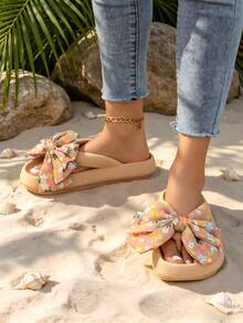 New Summer Women's Slip-On Sandals, Featuring Small Floral Bows And Soft Sole. Comfortable, Casual, Silent EVA Material Flip-Flops. Suitable For Beach, Seaside, Vacation And Travel. Can Be Worn Indoors And Outdoors. Available In Large Size. - 卡其(小碎花) - 查看 3