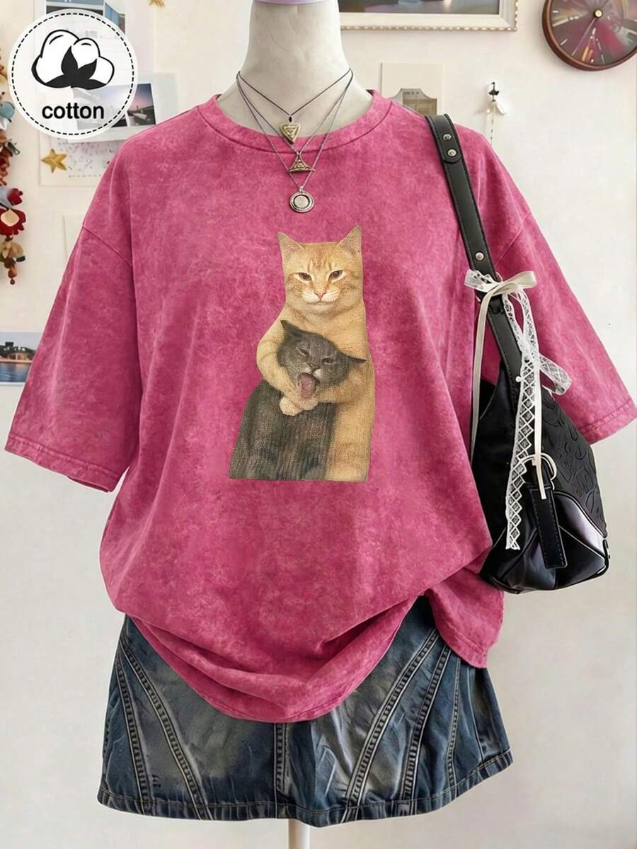 趣味猫咪印花短袖T恤,独特小批量设计女式上衣,水洗棉T恤,休闲女装,雪花图案面料,舒适圆领休闲上衣,复古做旧T恤,常规女装,春夏装 - 火龍果色 - 查看 1