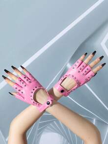 1 Pair Unisex Fashion Punk Style Solid Color PU Rivet Strap Half Finger Gloves, Suitable For Outdoor, Cycling, Sports, Street Dance Performance - Multicolor - View 10