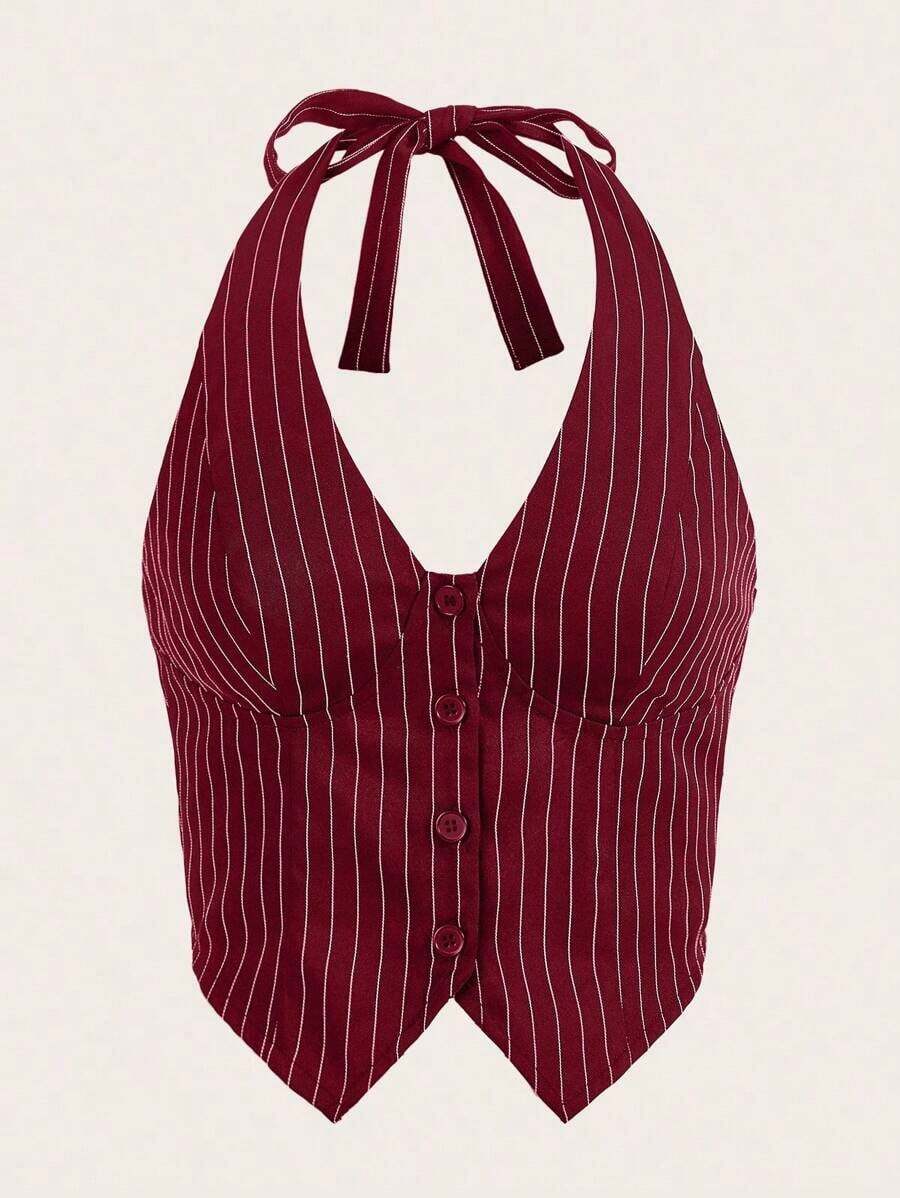 Top halter con botones y estampado de rayas, atuendos de verano - Burdeos - Ver 1