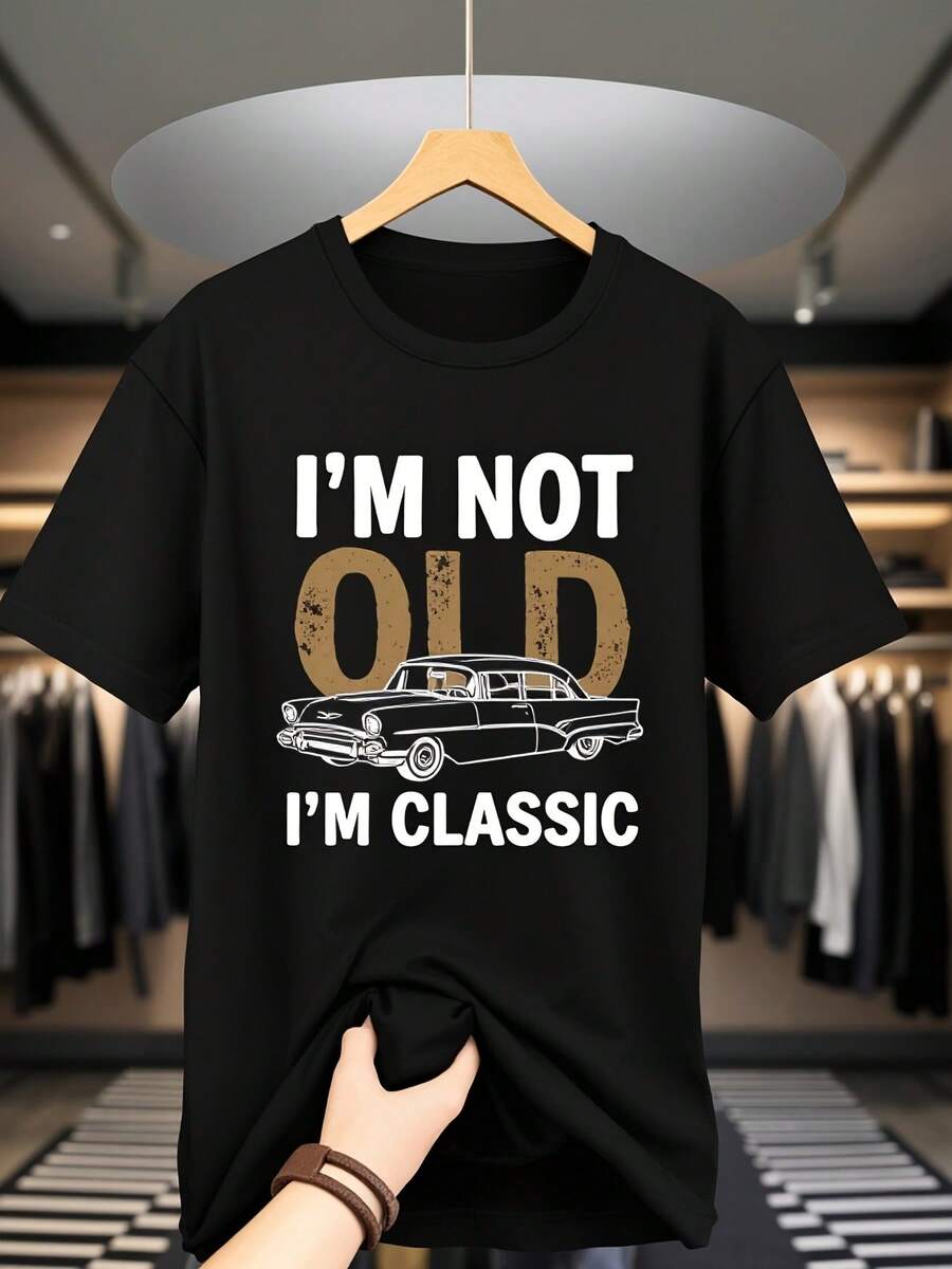 Classic Retro Car Print T-Shirt, Casual Summer Short Sleeve, Comfortable Fit, Crew Neck, Flared Hem, Perfect For All Seasons And Various Occasions. This Casual Retro Short-Sleeve T-Shirt With A Crew Neck And Print Is Suitable For Everyday Wear And Outings. A Short-Sleeve T-Shirt Suitable For Lounging At Home, Everyday Wear, Parties, And Travel, Perfect As A Gift For Friends Or Family. - 黑色 - 查看 1