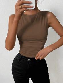 Camiseta de tirantes ajustada con cuello de tripulación y pliegues de unicolor de verano para mujer - Café integral 2 - Ver 4