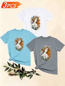 Women's T-Shirts, Women's T-Shirts, Women's Casual One-Piece Mermaid Print Crew Neck T-Shirt, Comfortable And Breathable Top For Everyday Wear. - 1件黑色隨機圖案 - 查看 6