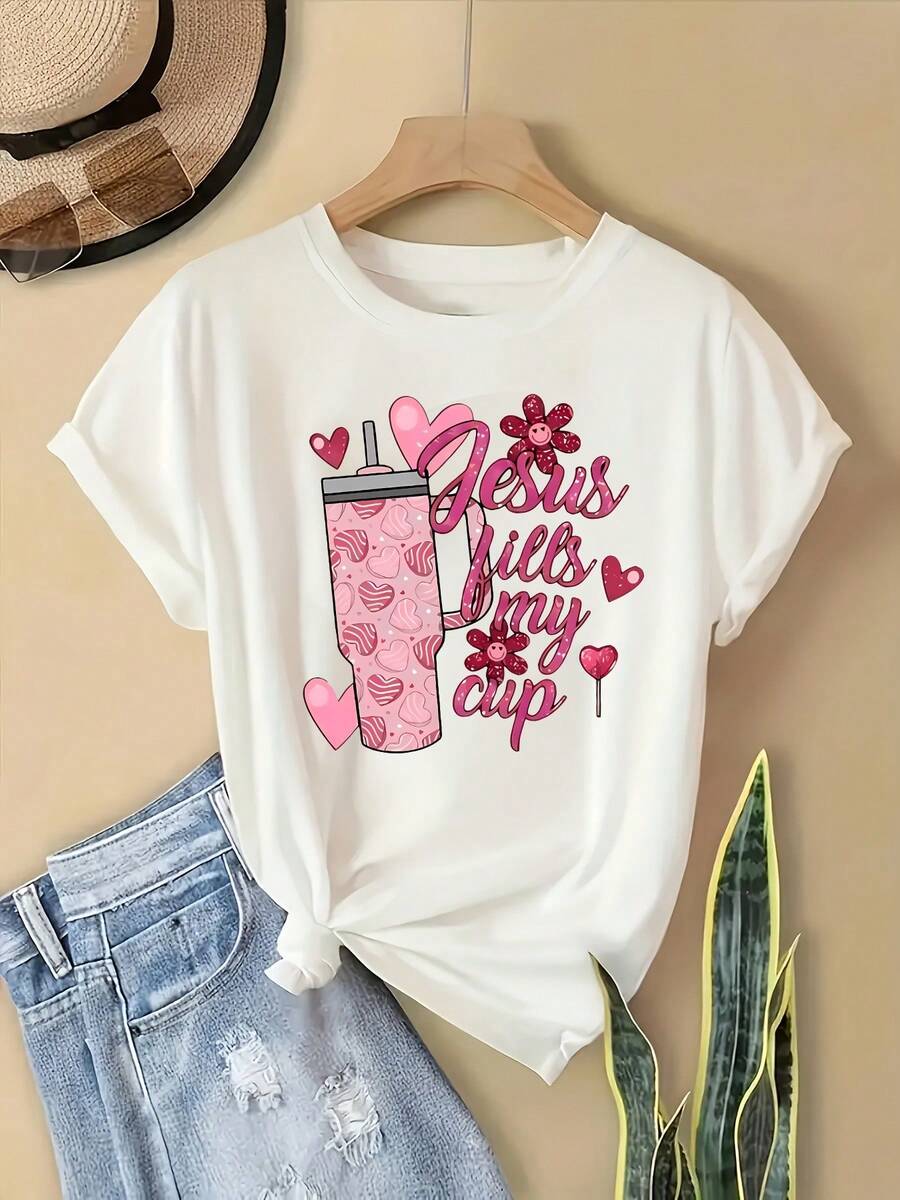 Camiseta casual de San Valentín para mujer, tejido de punto de poliéster 95% y elastano 5%, manga corta, cuello redondo con estampado de corazón y taza, camiseta de moda para todas las estaciones.