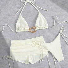 Three-Piece Short Skirt Bikini Retro Solid Color Tie-Up Swimsuit For Women - Ivory White - View 5