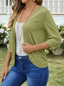 Chaqueta ligera de mujer de unicolor con abertura frontal y manga 3/4 casual - verde militar 3 - Ver 5
