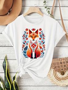 Women's Short-Sleeved T-Shirt With A Bohemian Style, Featuring A Fox Print And A Round Neck, Perfect For Summer. This Fashionable Top Is Ideal For Work, Vacations, And Everyday Wear, And Is Available In Various Colors And Sizes S-XXL. - 白色 - 查看 1