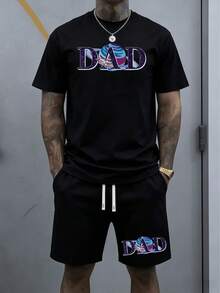 Space Planet And Rocket Print Showing Love For Dad Bringing Cosmic Energy And Family Bond In Cool Summer Outfit Ideal For Casual Days And Outdoor Fun Featuring Soft Fabric And  Look For Confident Men 2pcs Set TShirt And Shorts Set - 黑色 - 查看 6