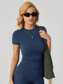 1 pieza Camiseta deportiva de manga corta de ajuste ceñido y minimalista para mujer, ideal para el verano - Azul - Ver 6
