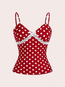 Camiseta ajustada de mujer con estampado floral, encaje de contraste y lazo decorativo, estilo casual de campo y vacaciones de verano - Rojo - Ver 1