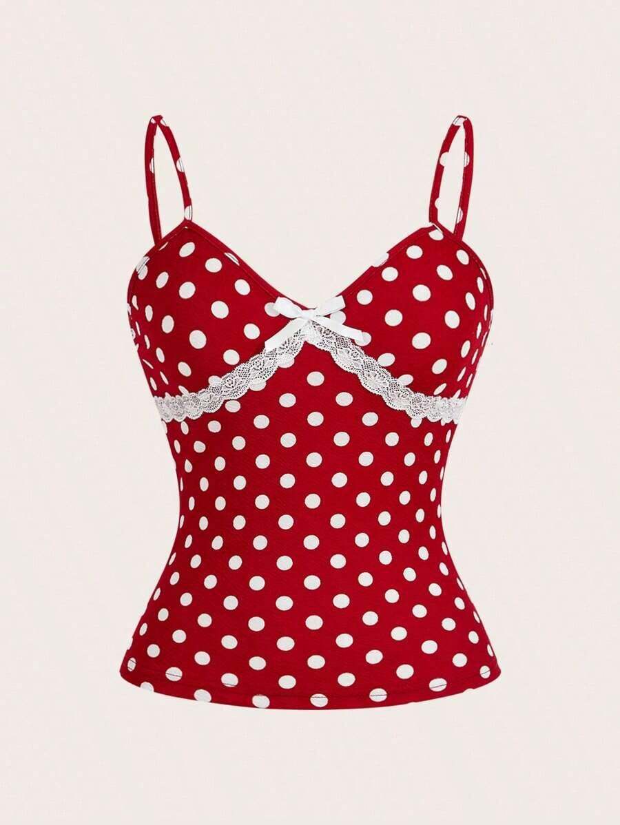 Camiseta ajustada de mujer con estampado floral, encaje de contraste y lazo decorativo, estilo casual de campo y vacaciones de verano - Rojo - Ver 1