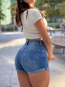 Y2K Streetwear Summer Hot Denim Shorts - Distressed With Rolled Up Hems - Dark Washed Blue 3 - View 2