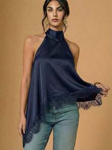 2026 Nuevo Llegado Blusa Asimétrica con Escote Halter y Encaje para Mujer, Top de Verano, San Valentín para Mujeres, Top para Salir, Top Negro, Estilo Old Money, Vacaciones, Primavera Mujer, Día de San Valentín - azul real - Ver 7
