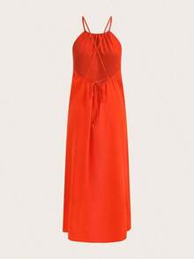 Vestido casual de vacaciones de corte moderno, de cuello halter, cruzado y con nudo en la espalda - Naranja Quemada - Ver 2