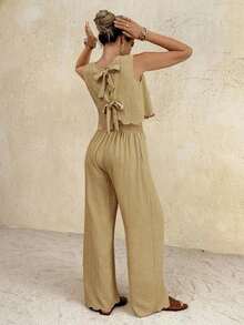 Frenchy Conjunto casual de 2 piezas de top con cuello redondo y espalda retorcida, y pantalones de pierna ancha de unicolor para mujer - Caqui - Ver 1