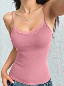 Parte superior de tirantes para mujer con aplique de encaje - Rosa - Ver 3