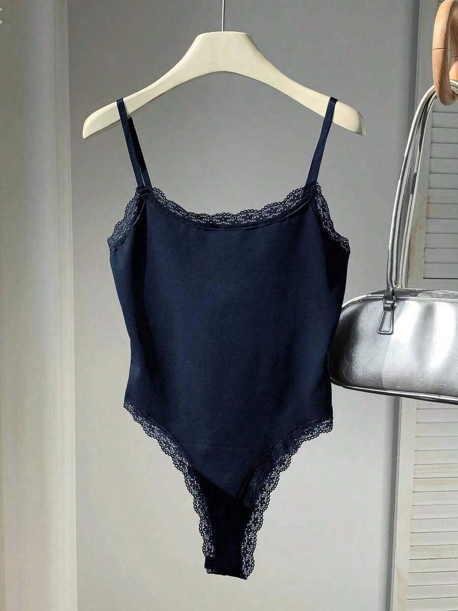 Body de encaje con parches, versátil para uso diario casual de mujer - Azul marino - Ver 1