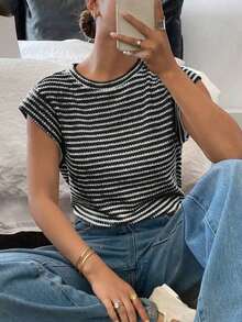 Camiseta casual de mujer con estampado de lunares, verano - Blanco y Negro - Ver 4
