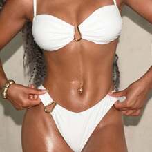 Solid Color Metal Decor Two-Piece Bikini Set Swimsuit Women's Swimwear - White - View 2