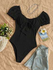Body con estampado floral de hombros descubiertos ribete fruncido con nudo delantero pecho con fruncido - Negro - Ver 3
