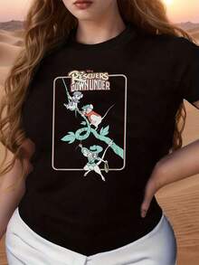 Fun Illustration With Brave, Adventurous Mice Helping Each Other Among Giant Leaves That Symbolize Friendship, Teamwork, Hope, And Courage In Every Challenge. Comfortable And Casual Women's T-Shirt For Everyday Wear. - 黑色 - 查看 1