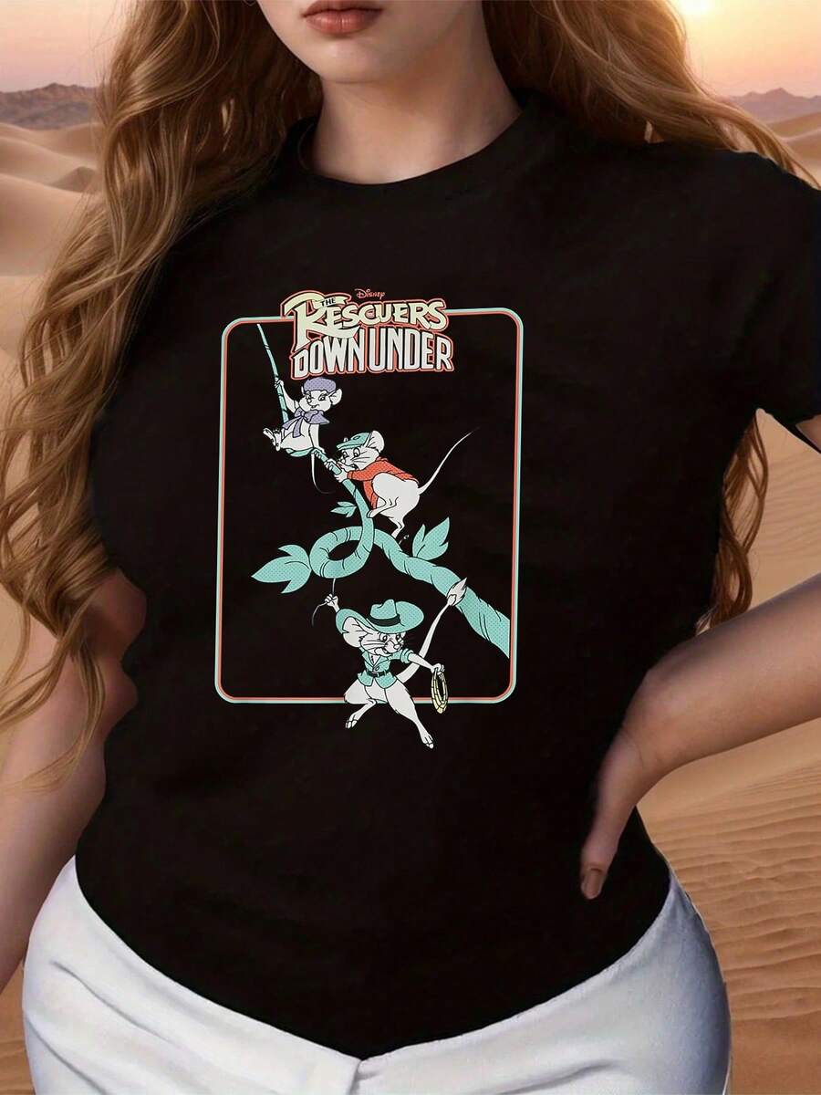 Fun Illustration With Brave, Adventurous Mice Helping Each Other Among Giant Leaves That Symbolize Friendship, Teamwork, Hope, And Courage In Every Challenge. Comfortable And Casual Women's T-Shirt For Everyday Wear. - 黑色 - 查看 1