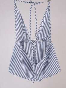 Parte superior de camisa de tirantes con cuello halter a rayas, camiseta de gráficos de verano para mujer - Celeste - Ver 2