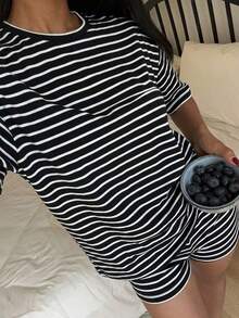 Conjunto informal de 2 piezas, 94% algodón, rayas negras y blancas, verano - Albaricoque - Ver 12