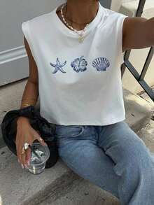 Camiseta de tirantes corta con cuello redondo y estampado de limones, adecuada para el verano - Multicolor 7 - Ver 3