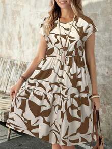 Vestido corto con cuello redondo y manga corta de estampado geométrico, casual para mujer, adecuado para primavera/verano - Marrón - Ver 6