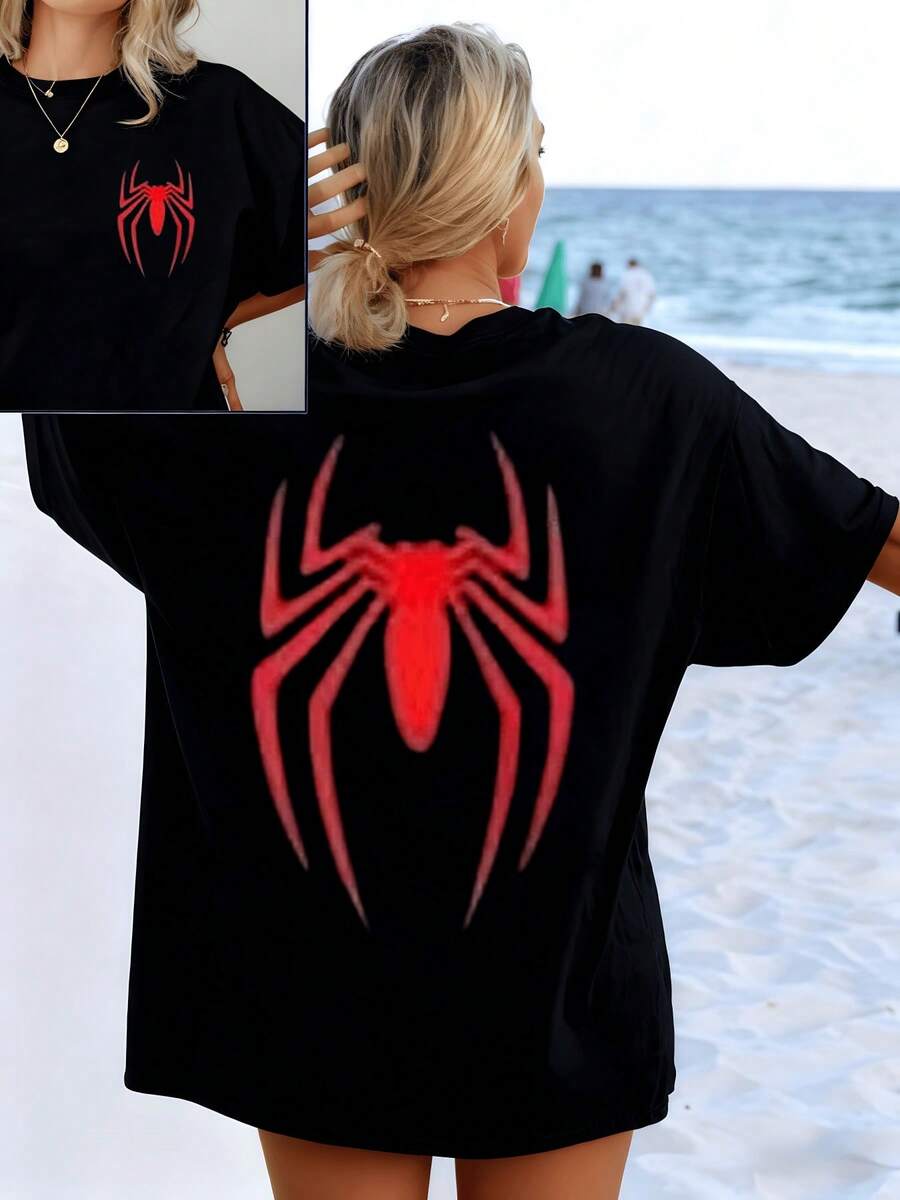 Red Spider Symbol Representing Strength, Courage, And Creativity In Balance On A White Background, Conveying Energy And Protection. Women's T-Shirt With A Modern Casual Double Print. - 黑色 - 查看 1