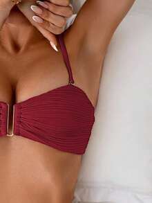 Swim Conjunto de bikini de verano para mujer de unicolor con pliegues y sexy - Burdeos - Ver 4