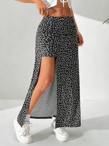 Falda larga con diseño floral pequeño y abertura en el dobladillo - Blanco y Negro - Ver 4