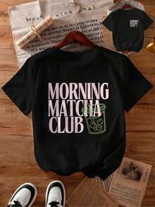 Plus Size Women's Short-Sleeved Crew Neck T-Shirt With Minimalist Green Matcha Tea Drink Illustration Print, Suitable For Spring, Summer, Autumn, Valentine's Day/Back To School Season, Black - 黑色 - 查看 1