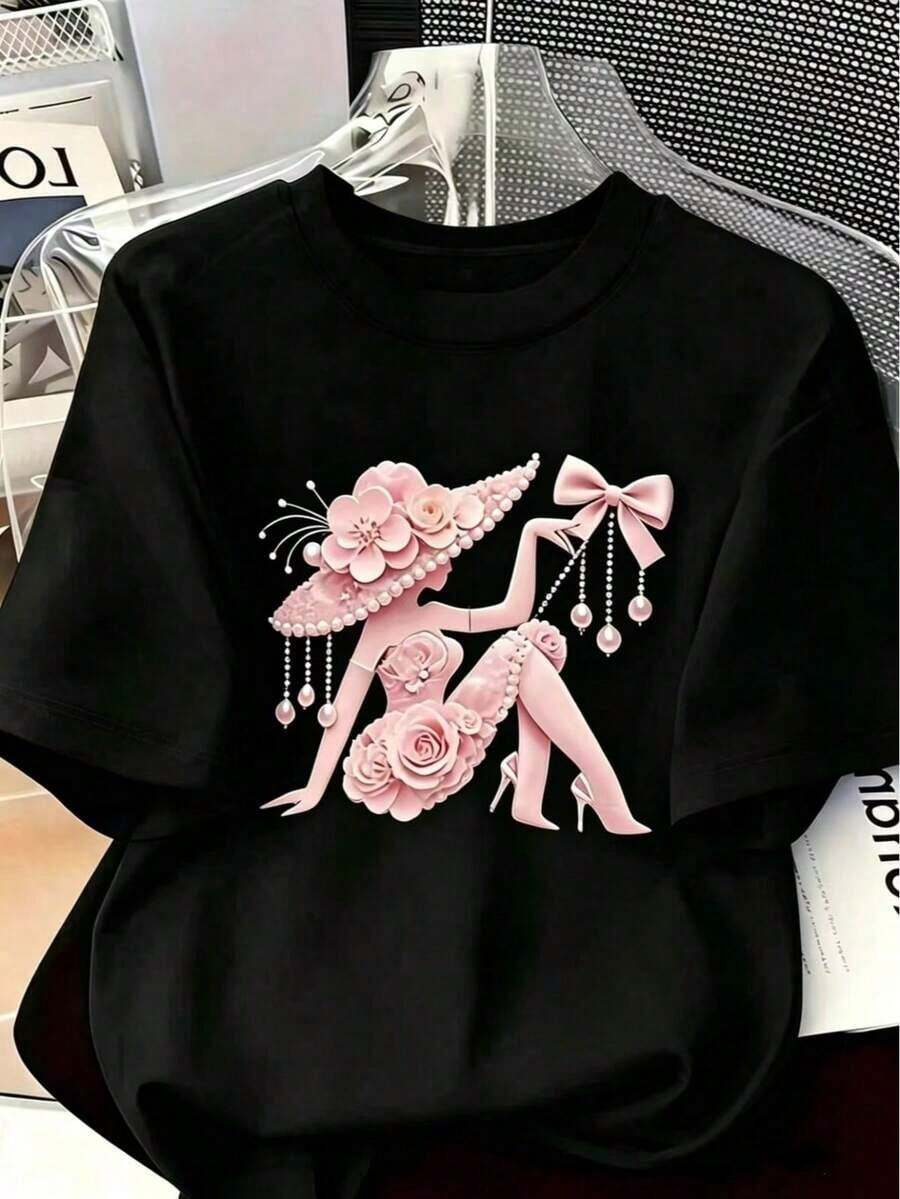 Women's Pink T-Shirt With 3D Floral Print And Pearls, Round Neck, Short Sleeve, Slim Fit, Casual Style For Spring Summer - Unisex Vintage Urban Style, Short Sleeve Cotton T-Shirt With Round Neck - 黑色 1 - 查看 1