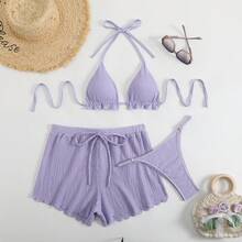 Conjunto de bikini sexy de tres piezas, traje de baño de tela especial para mujer, ropa de playa de color sólido, traje de baño para vacaciones. - Negro - Ver 7