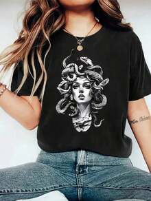 100% cotton Blusa casual de estilo callejero de moda con cuello redondo, manga corta y estampado de Medusa para mujer - Negro - Ver 2