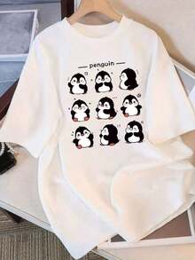 Women's 100% Cotton Casual T-Shirt With A Cute Penguin Print - Soft, Comfortable, And Breathable, With A Round Neck And Short Sleeves, Ideal For Casual And Everyday Wear. Fun Penguin Print. Soft Fabric. - 白色 - 查看 6