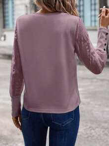 Blusa de mujer con mangas de encaje floral, parches y tejido de gofre, color blanco - Morado - Ver 5