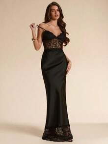 Vestido ajustado y transparente con parches de encaje negro, vestido largo con parches de encaje y satén, adecuado para vacaciones, playa, dama de honor, boda, primavera y verano - Negro - Ver 5