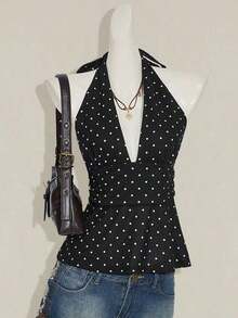 Blusa casual minimalista de mujer con cuello halter, escote en V profundo y estampado de lunares, con espalda envolvente - Negro - Ver 10
